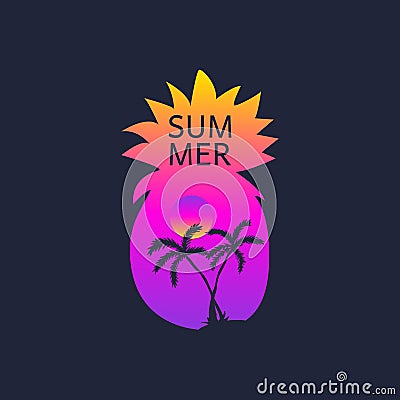 Summer card with palm and silhouette of pineapple Vector Illustration