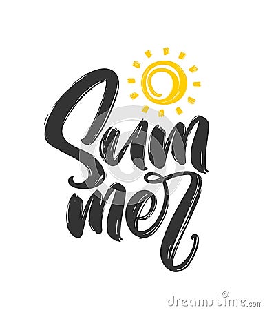 Hand drawn textured brush lettering composition of Summer with sun Vector Illustration