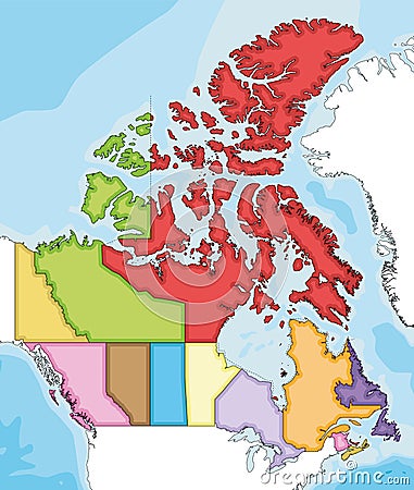 Vector illustrated blank map of Canada with provinces and territories and administrative divisions, and neighbouring countries Vector Illustration