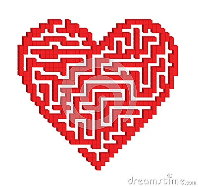 Red color maze game heart shape of small cubes Stock Photo