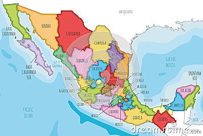 Vector illustrated map of Mexico with regions or states and administrative divisions, and neighbouring countries. Vector Illustration