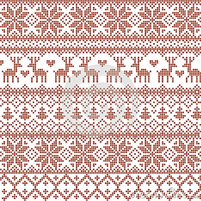 Vector illustrated traditional red nordic pattern with deers, hearts, snowflakes and Christmas trees Vector Illustration