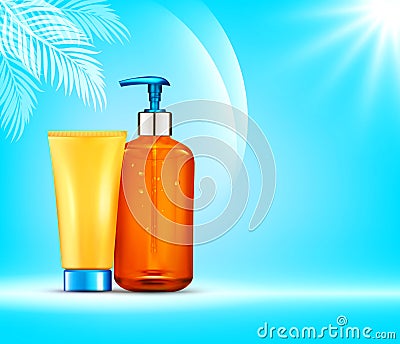 Vector illustratin. 3d bottles with sun protection cosmetic pro Vector Illustration