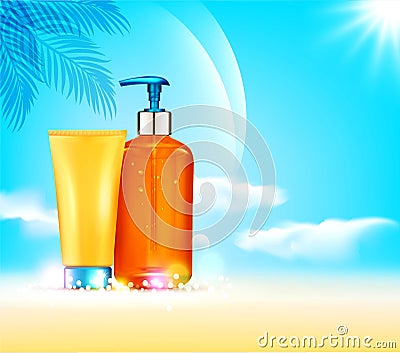 Vector illustratin. 3d bottles with sun protection cosmetic pro Stock Photo