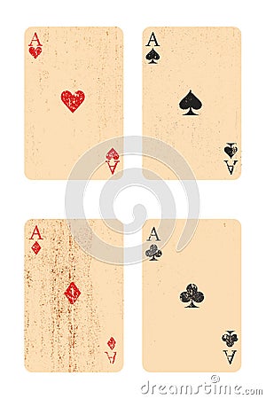 Vector illustratiom of Ace of heart, Ace of club, Ace of diamond and Ace of spades with grungy and stain effect. Vector Illustration