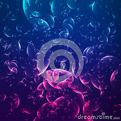 Vector illustration of abstract background with shining bubbles. Abstract blue and violet bubbles on violet background. Vector Illustration