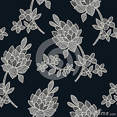 Vector illustration of abstract black and white flowers and leaves seamless pattern. Cartoon Illustration