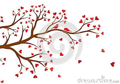 Vector illustration of abstract, decorated with hearts tree branch with couple of birds, in color, isolated Vector Illustration