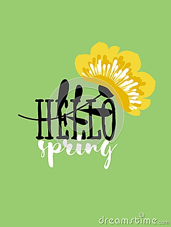 Vector illustration of greeting card with elegant flower and spring lettering. Pastel color cover with stylish blossoming plant Vector Illustration