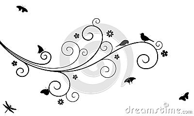 Vector illustration of abstract, swirl, decorated with blooming flowers tree branch with couple of birds, butterflies Vector Illustration