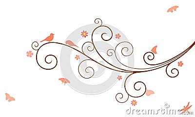 Vector illustration of abstract, swirl, decorated with blooming flowers tree branch with couple of birds, butterflies Vector Illustration