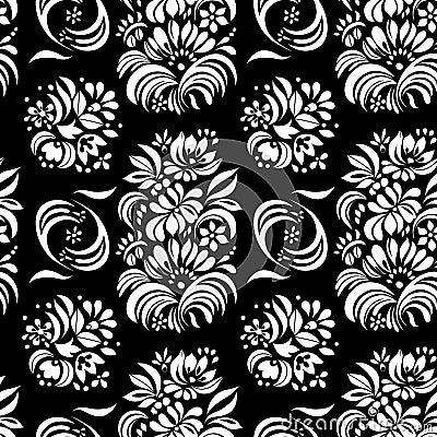 Vector illustration of abstract black and white flowers seamless pattern. Cartoon Illustration