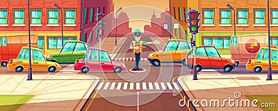 Vector illustration of adjusting city crossroads in rush hour, traffic jam, transport moving, vehicles by crossing guard Vector Illustration