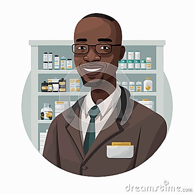 an adult black man working a pharmacist, with shelf of drugstore drugs in the background Vector Illustration