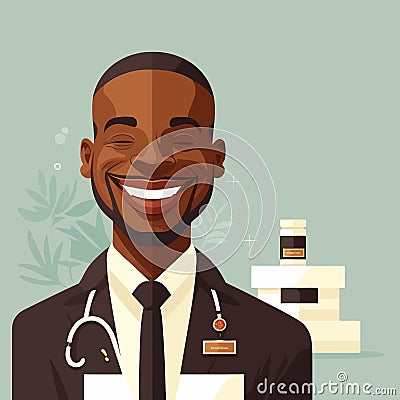 an adult black man working a pharmacist, with shelf of drugstore drugs in the background Vector Illustration