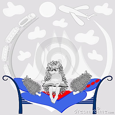 An adult hedgehog in glasses reads at night sitting on the bed a book sleeping on pillows children Vector Illustration