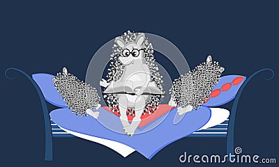 An adult hedgehog in glasses reads at night sitting on the bed a book sleeping on pillows children Vector Illustration