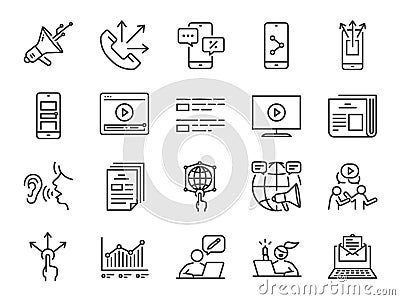 Advertising line icon set. Included icons as advertise, online marketing, blogger, influencer, mobile marketing and more. Vector Illustration