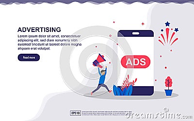 Vector illustration of advertising & marketing concept with character, megaphone, and smartphone icon. Illustration for landing Vector Illustration