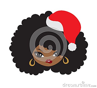 Black Girl with Afro Hair and Christmas Santa Hat Vector Vector Illustration