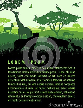 Vector illustration of african savannah safari landscape with wildlife animals silhouettes sunset design template Vector Illustration