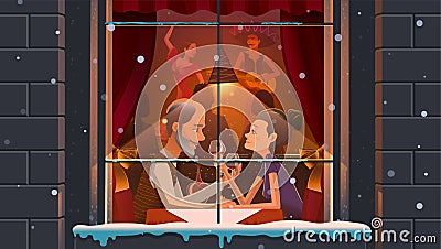Mature couple enjoying evening in restaurant. Vector illustration of aged content people drinking wine in ethnic Vector Illustration