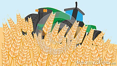 Vector illustration of agriculture with a tractor in the field. Vector Illustration