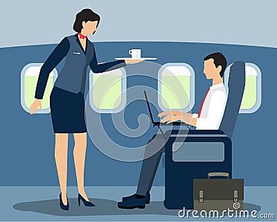 Air stewardess serving first class passenger vector flat illustration Vector Illustration