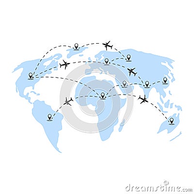 Vector illustration of air travels around the world. Abstract depiction of continents and geolocation points between them. White b Cartoon Illustration