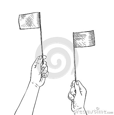 Human hands waving two small flags Vector Illustration