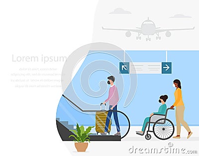 Travel Airport People Tourist Wheelchair Escalator Vector Illustration