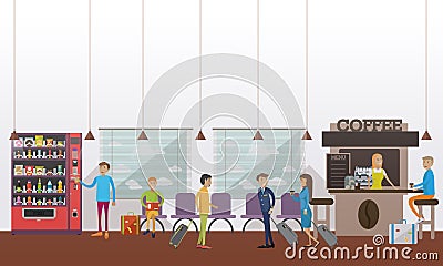 Vector illustration of airport waiting hall, cafe, passengers, flat style. Vector Illustration