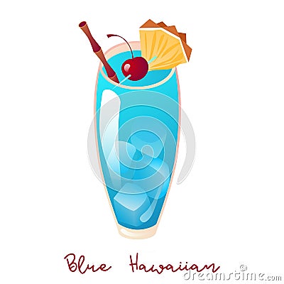 Vector illustration of alcohol Cocktail Blue Hawaiian, fruit garnish on glass of tropical cocktail with blue curacao Vector Illustration