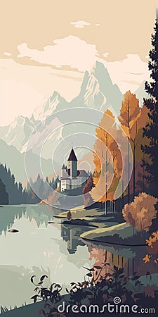 Vector Illustration Of Alpine Shrubland With Stone Trees And Palace On Lake Cartoon Illustration