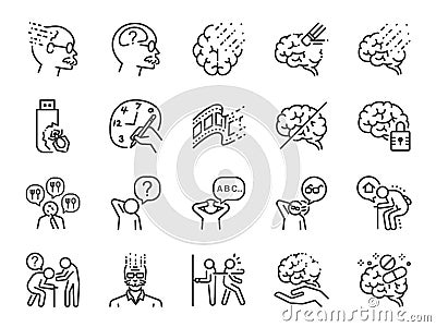 Alzheimer`s & Brain Awareness line icon set. Included the icons as Alzheimer, brain disease, Savant syndrome, mental disabilities, Vector Illustration