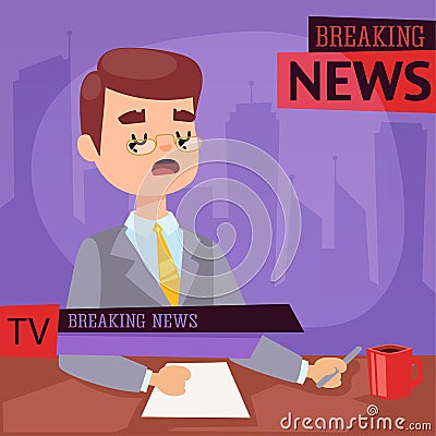 Vector Illustration anchorman breaking news and tv screen layout pofessional interview people in TV studio newsreader Vector Illustration