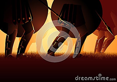 Ancient Army March Holding Shield and Spear Vector Illustration