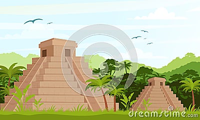 Vector Illustration of ancient Mayan pyramids in the jungle in daytime in flat cartoon style. Vector Illustration