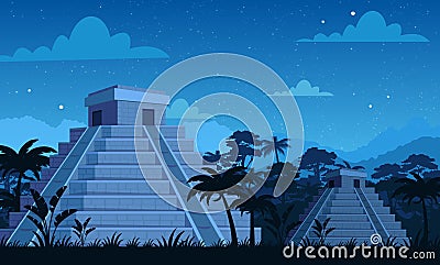 Vector illustration of ancient Mayan pyramids in night time with tropical plants, jungle and sky background in flat Vector Illustration