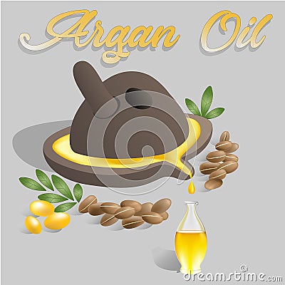 Vector illustration Ancient millstone with Argan oil flowing in a glass bottle near argan fruits and argan nuts with Vector Illustration