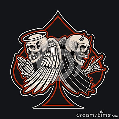 Vector illustration with an angel and devil skeletons in tattoo style Cartoon Illustration