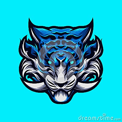 Vector illustration of Angry Blue Tiger Head with a Fang, Claw on the Blue Background. Hand-drawn illustration for mascot sport Cartoon Illustration