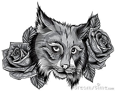 monochromatic Vector illustration of angry bobcat face profile. Vector Illustration