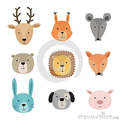 Vector illustration of animal faces including deer, squirrel, hare, lion, pig, fox, mouse, dog, bear Vector Illustration