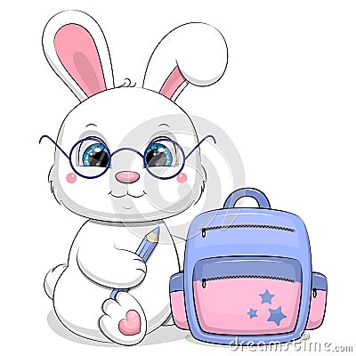 Cute cartoon school backpack and white rabbit in glasses with a pencil. Vector Illustration