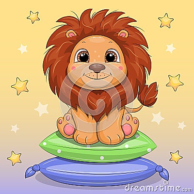 Cute cartoon lion sitting on pillows. Vector Illustration