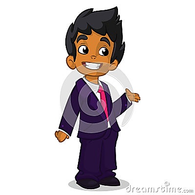 Vector illustration of a arab boy in man`s clothes. Cartoon of a young boy dressed up in a mans business blue suit presenting. Of Vector Illustration