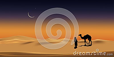 Vector illustration Arab man with camel walking in desert sands with sunset in evening,Vertical Scenery of sun over mountains Vector Illustration