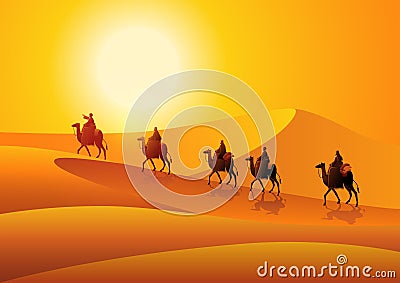 Arab man riding camel in the hot desert Vector Illustration