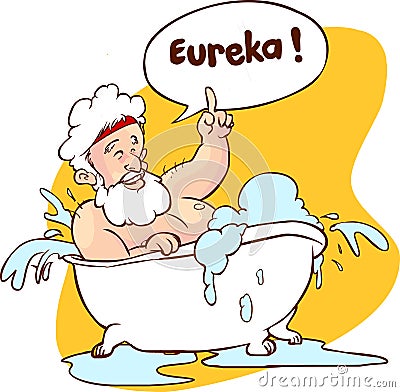 Vector illustration of a Archimedes in bath. Thumbs up eureka. ancient greek mathematician, physicist Vector Illustration